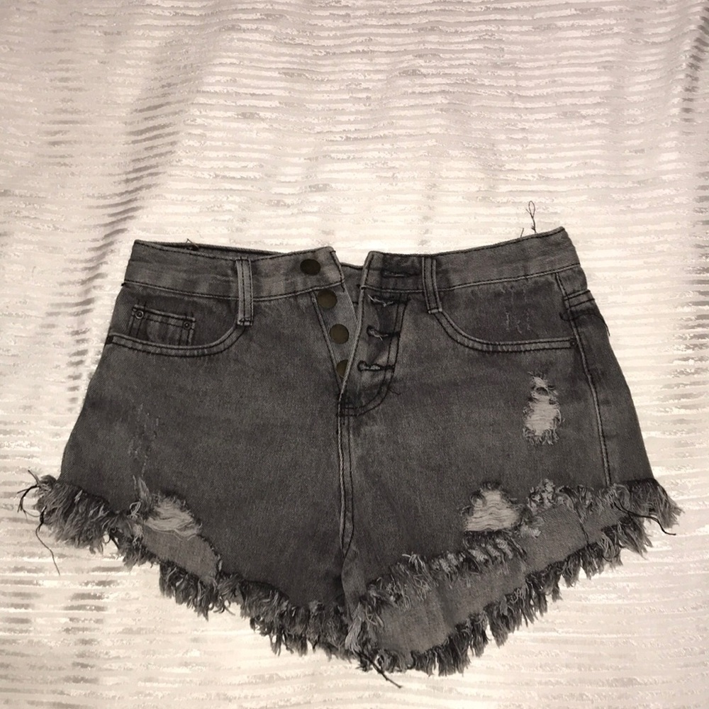 Mid waist dark gray jean shorts